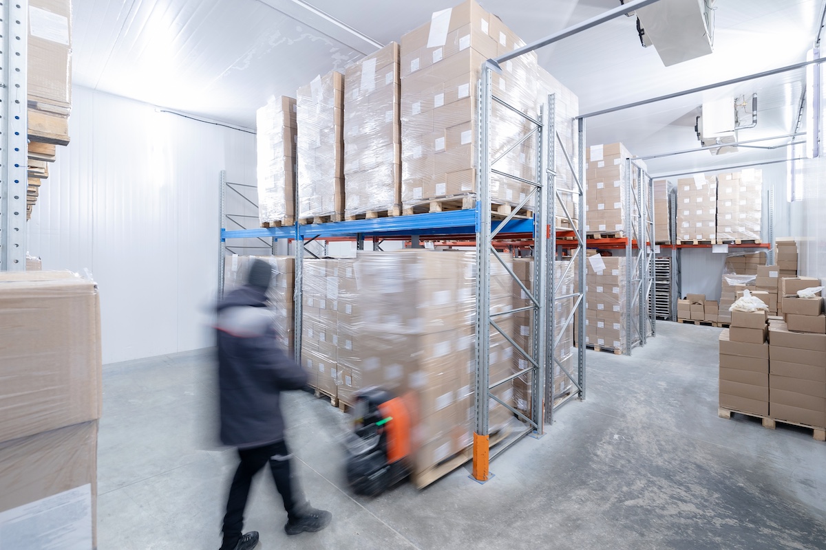 Efficient warehouse storage and transportation in confectionery production, food industry factory.